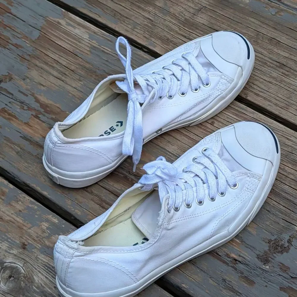 Converse Jack Purcell Low Top White Canvas Sneakers Mens 9.5 Womens 11 Smile Toe
